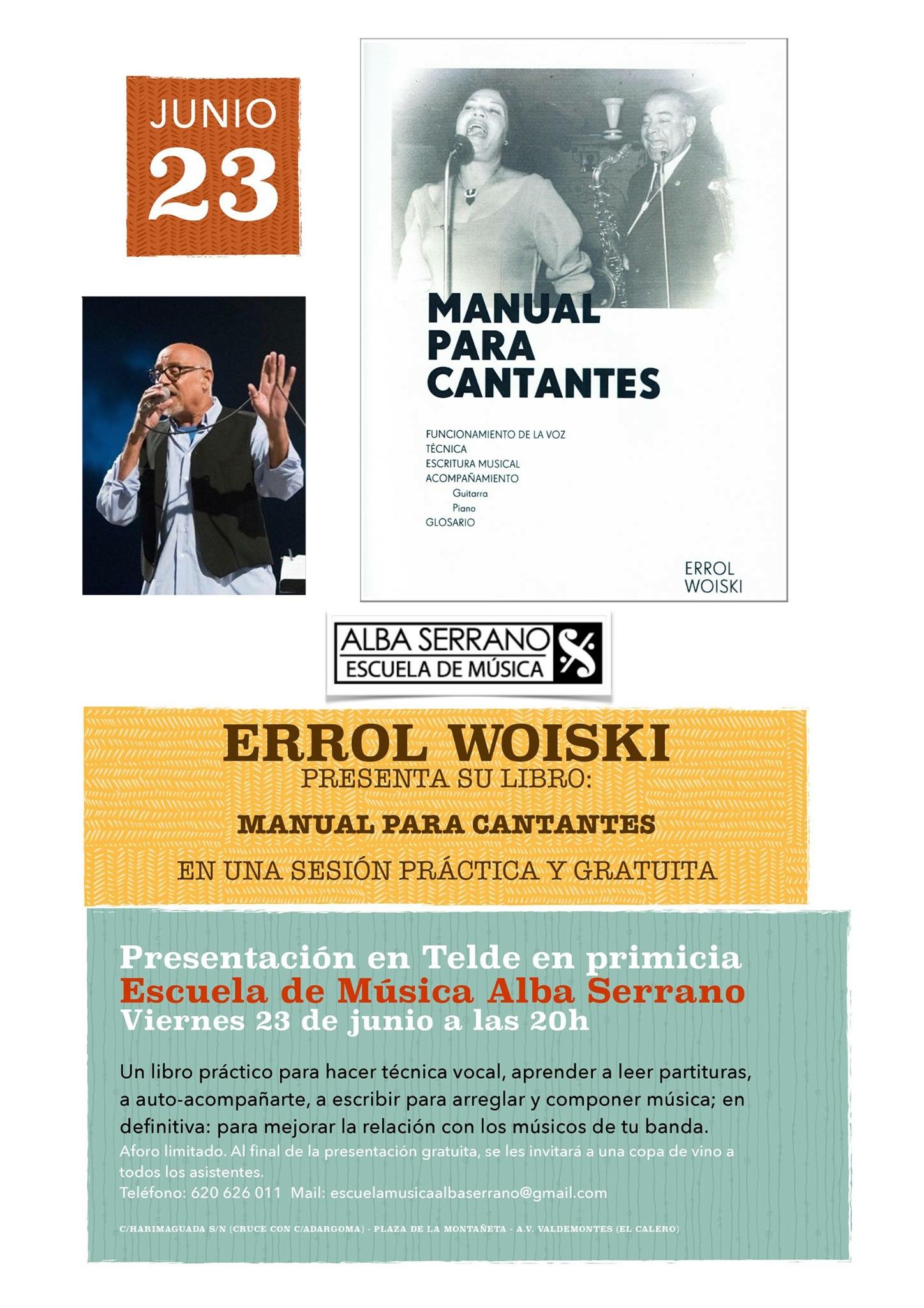 Presentación práctica y gratuita del ‘Manual para Cantantes’ de Errol Woiski en la Escuela de Música Alba Serrano