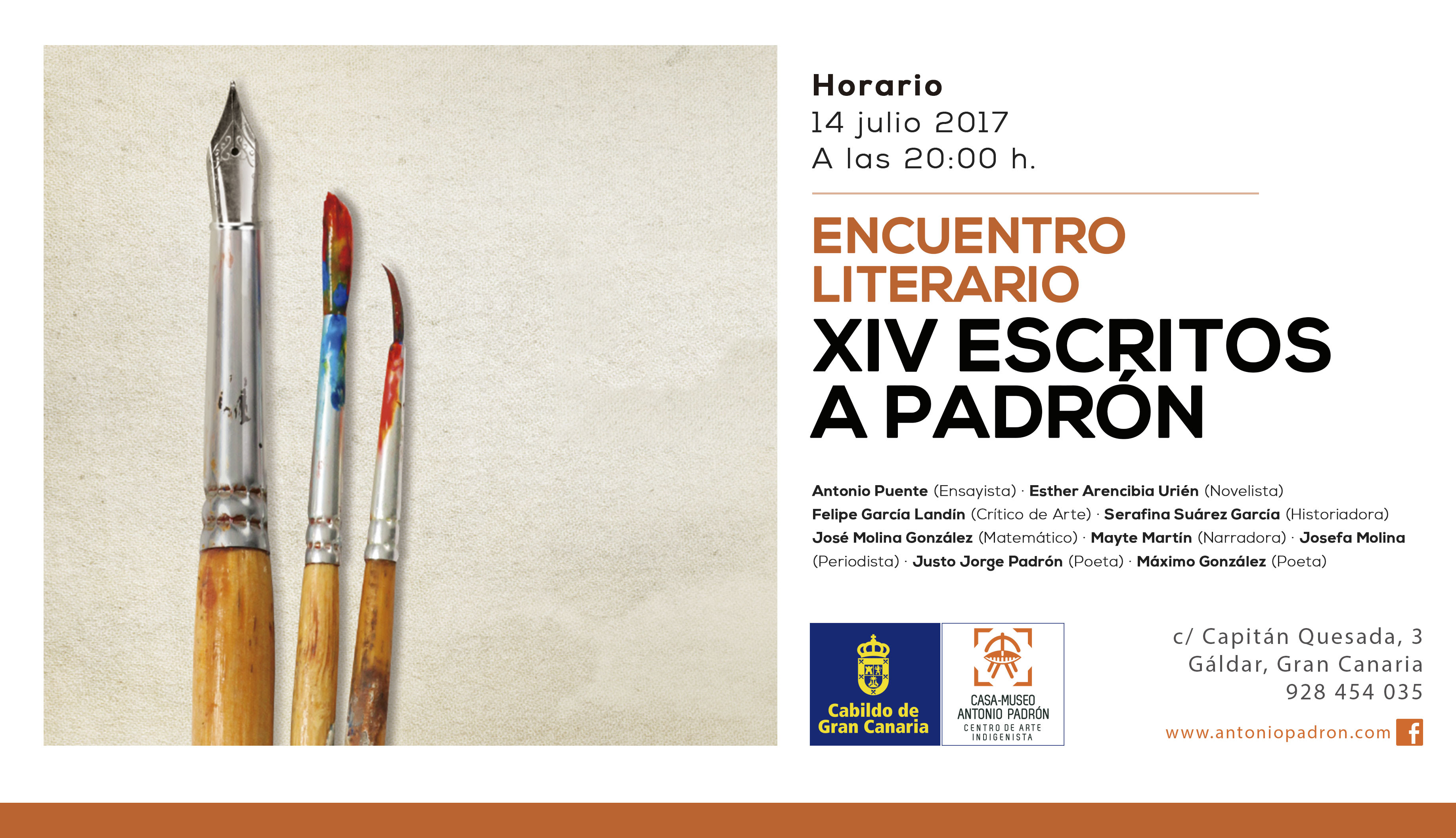XIV Encuentro literario ‘Escritos a Padrón’. 14 julio. 20h. Casa-Museo Antonio Padrón. CAI. Gáldar