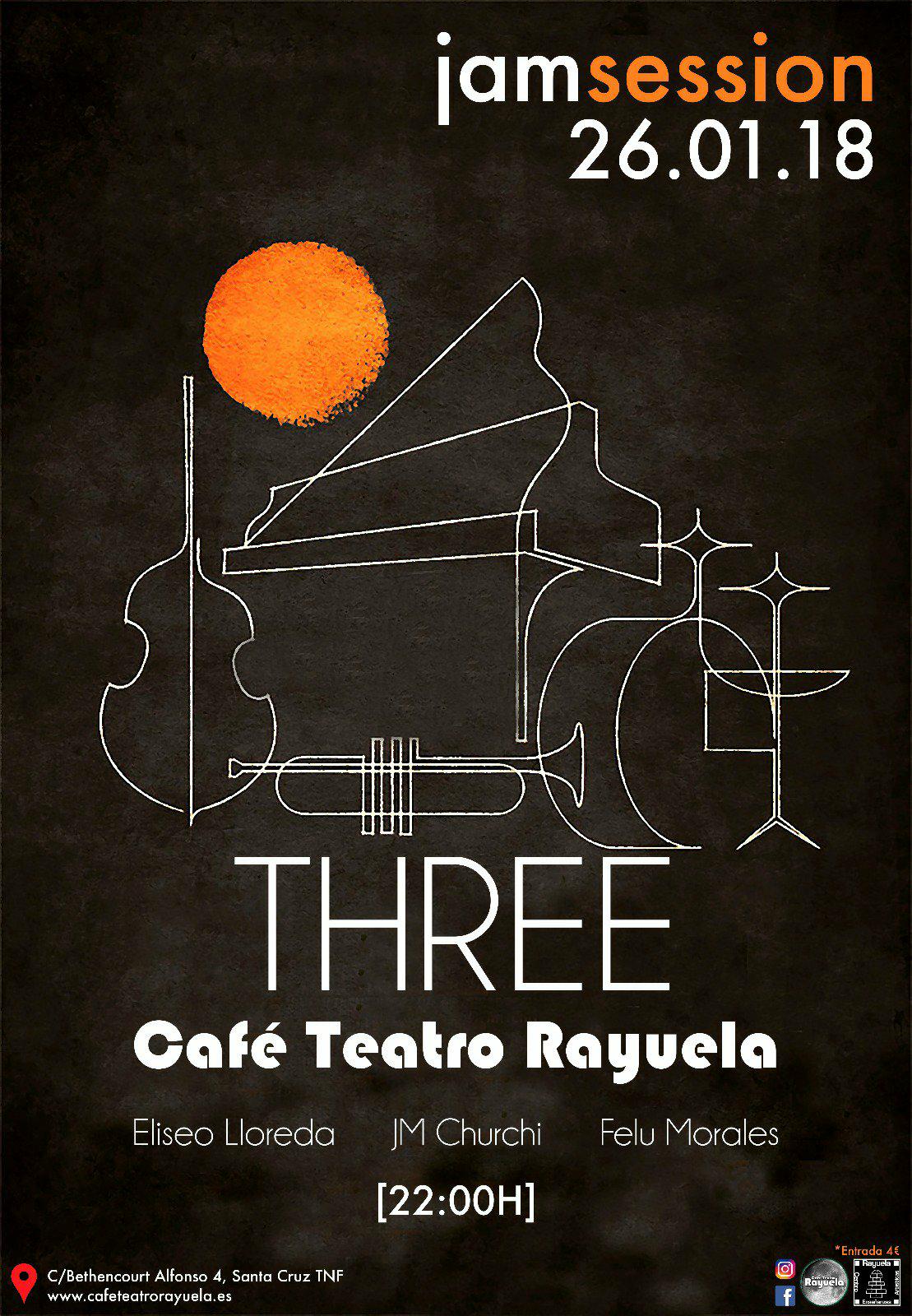 THREE, Eliseo Lloreda (guitarra), Felu Morales (bajo) y JM Churchi (batería), en el Café Teatro Rayuela